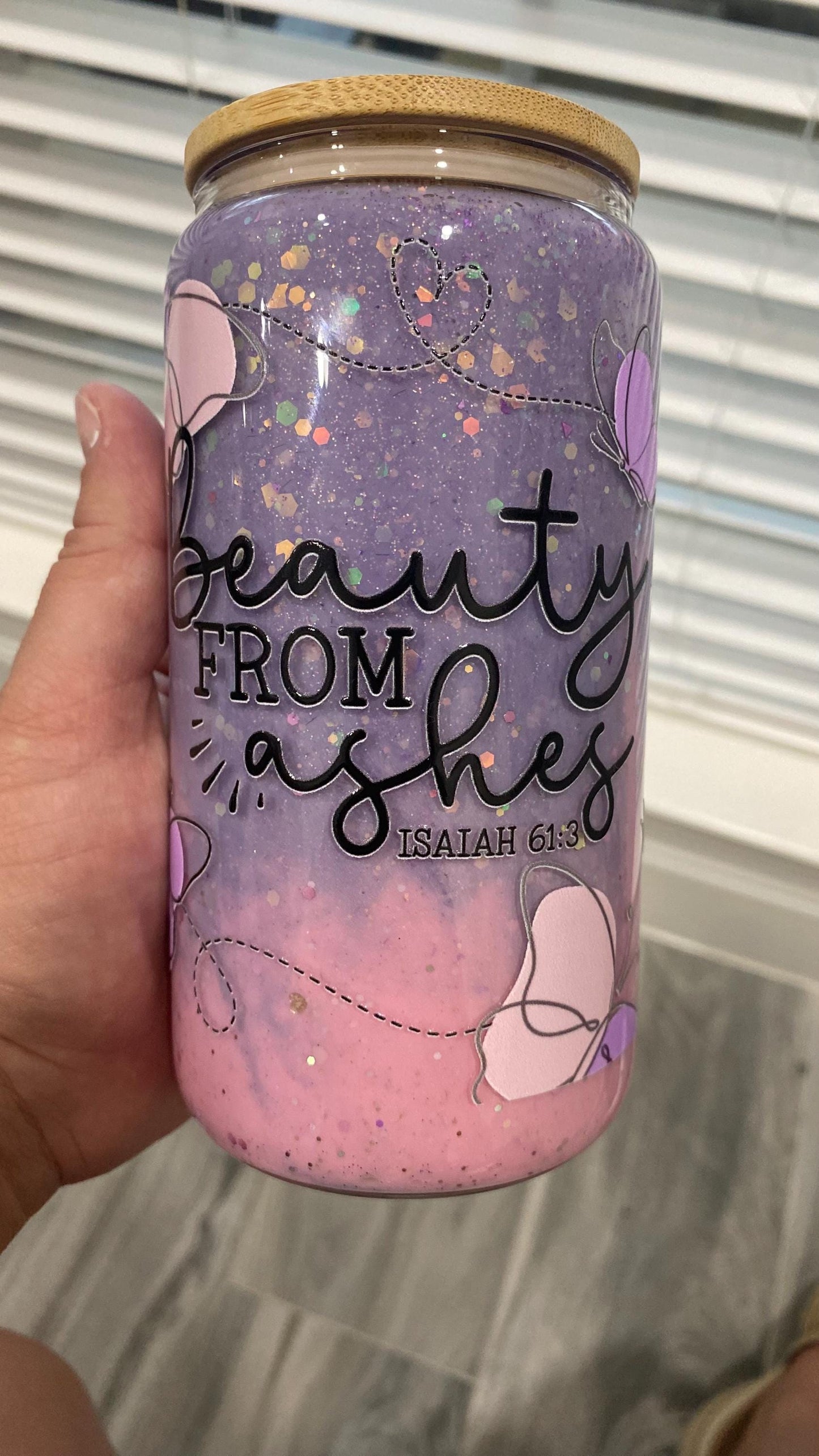 Beauty from ashes snow globe tumbler. 16 oz tumbler. Glass cup. Inspirational Bible snow globe. Christian cup. Bible inspire snow globe