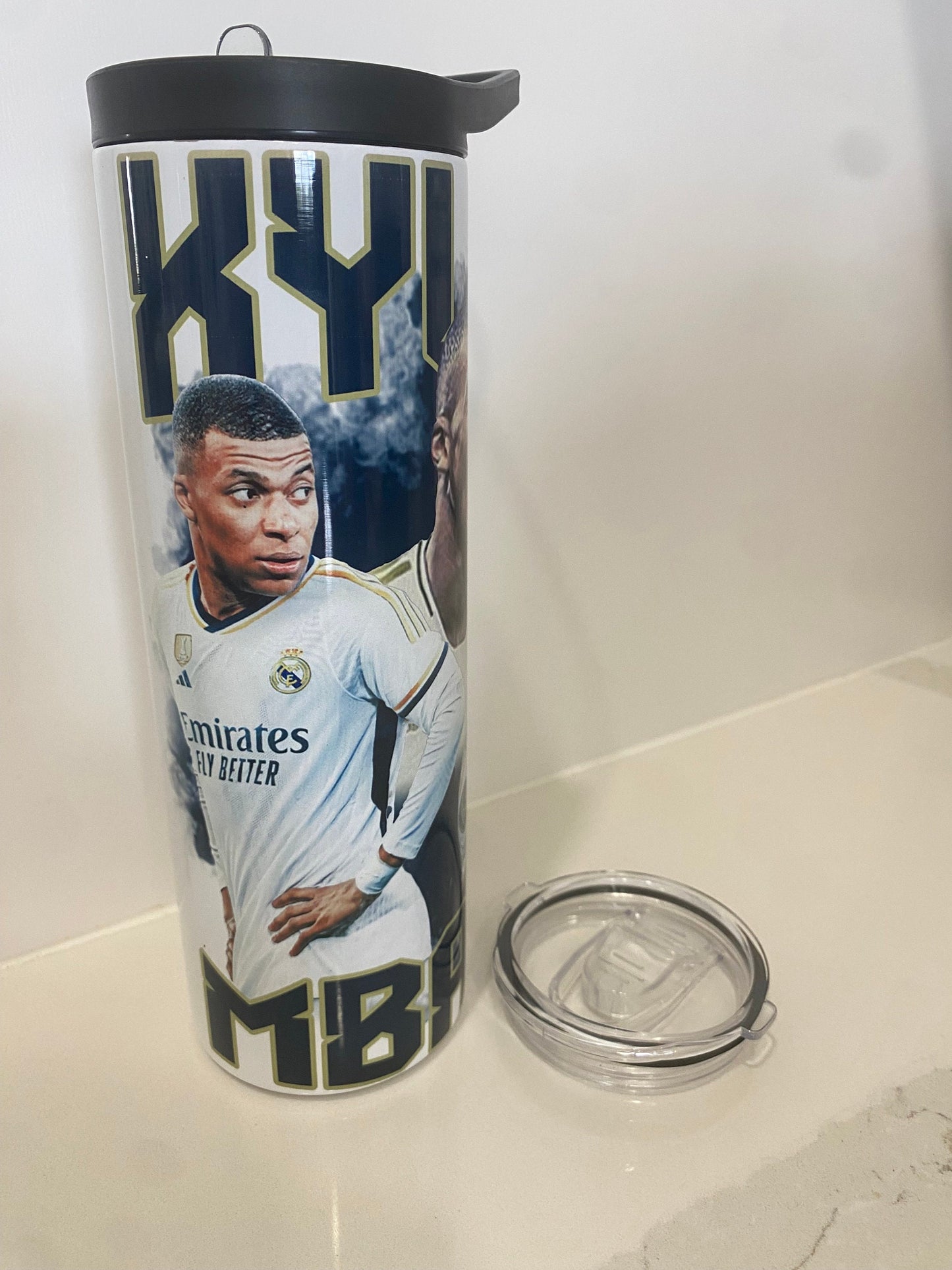 Mbappe tumbler and water bottles. Soccer water bottle. Real Madrid water bottle. 20 oz tumbler. soccer team