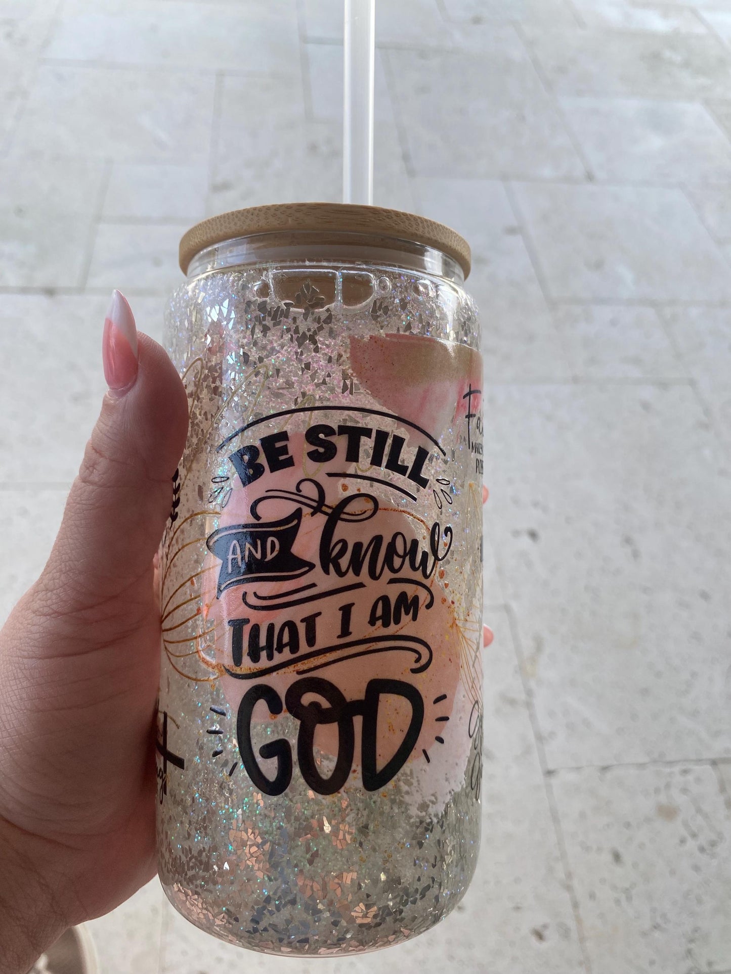 Be still and know. Bible inspire snow globe tumbler. 16 oz tumbler. glass cup