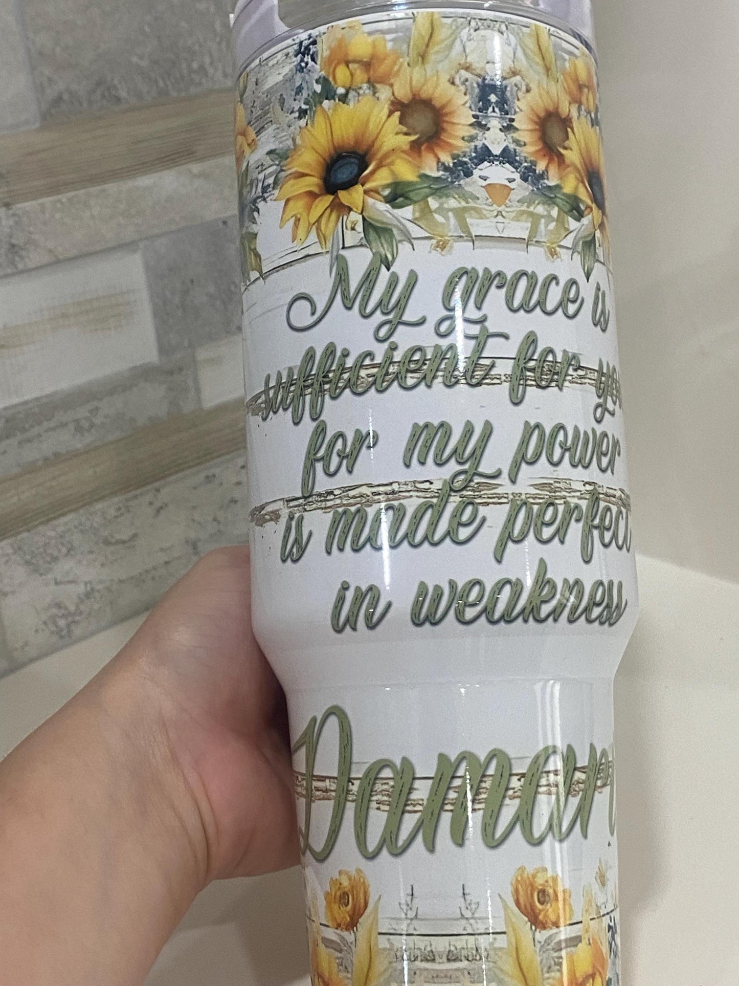 Sunflower Christian tumbler with handle and straw. Personalized tumblers. 40oz tumbler