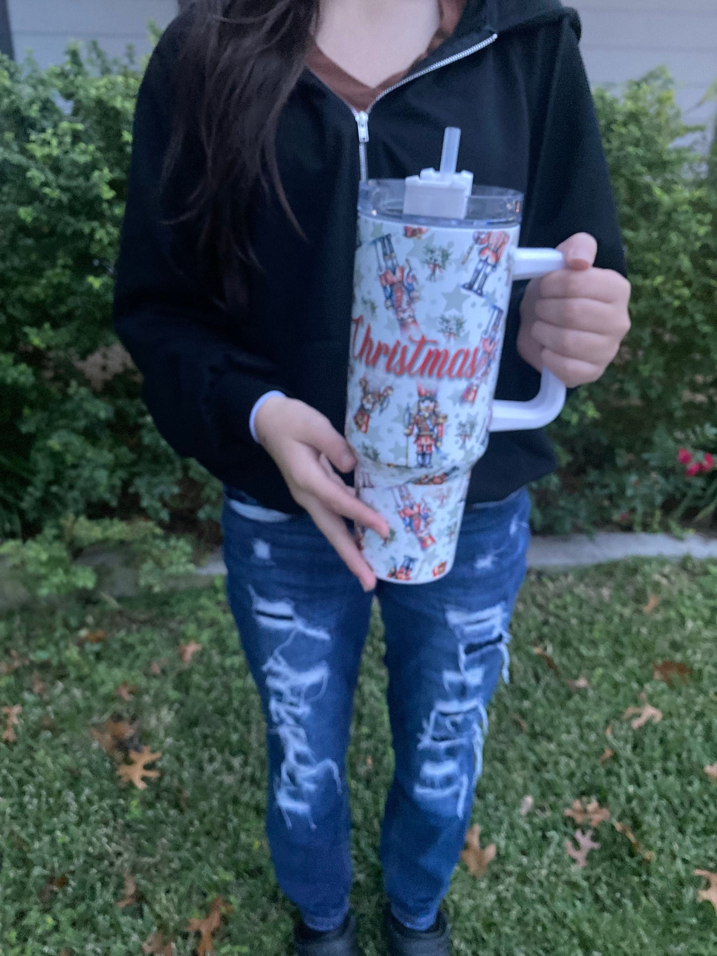 Christmas nutcracker tumbler with a handle and straw. Nutcracker tumbler