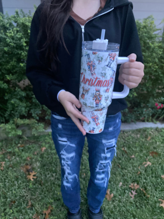 Christmas nutcracker tumbler with a handle and straw. Nutcracker tumbler