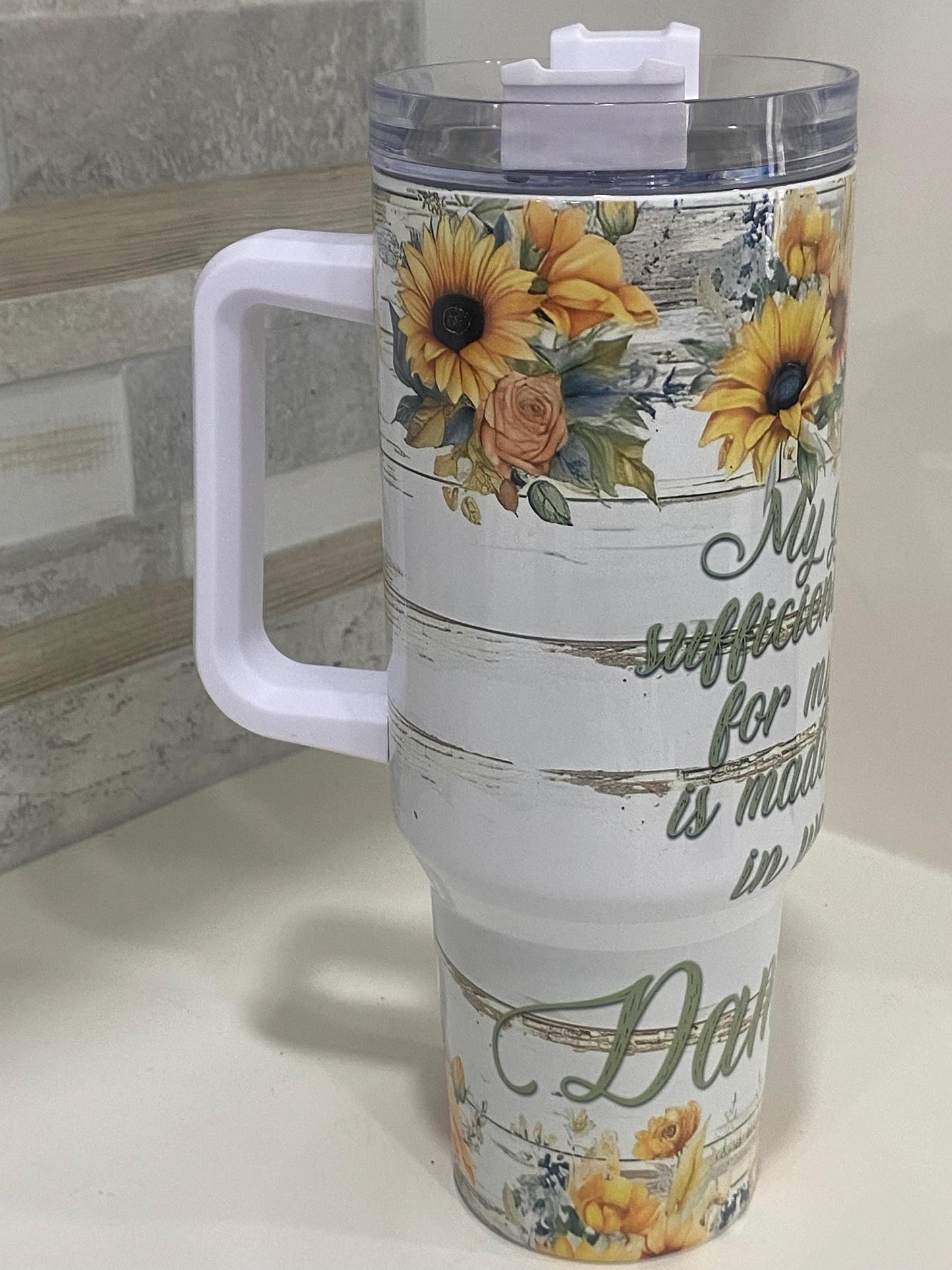 Sunflower Christian tumbler with handle and straw. Personalized tumblers. 40oz tumbler