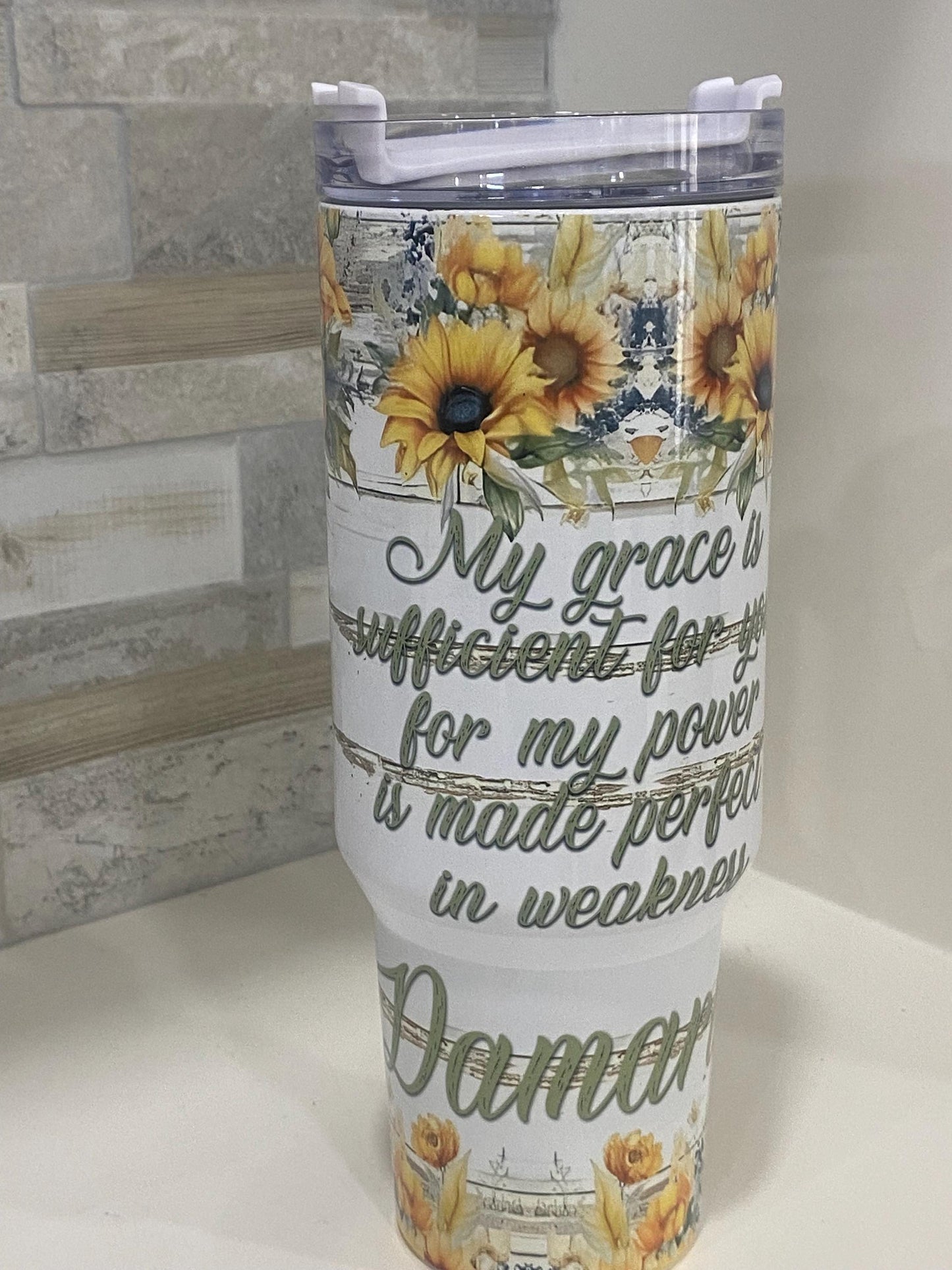 Sunflower Christian tumbler with handle and straw. Personalized tumblers. 40oz tumbler