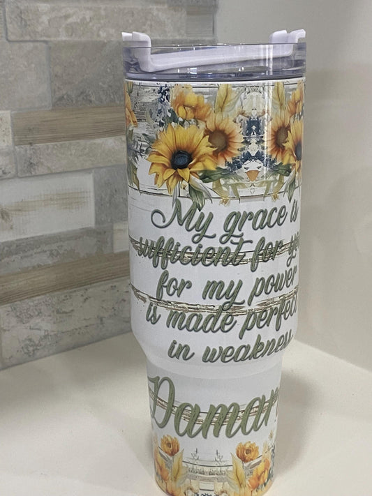 Sunflower Christian tumbler with handle and straw. Personalized tumblers. 40oz tumbler