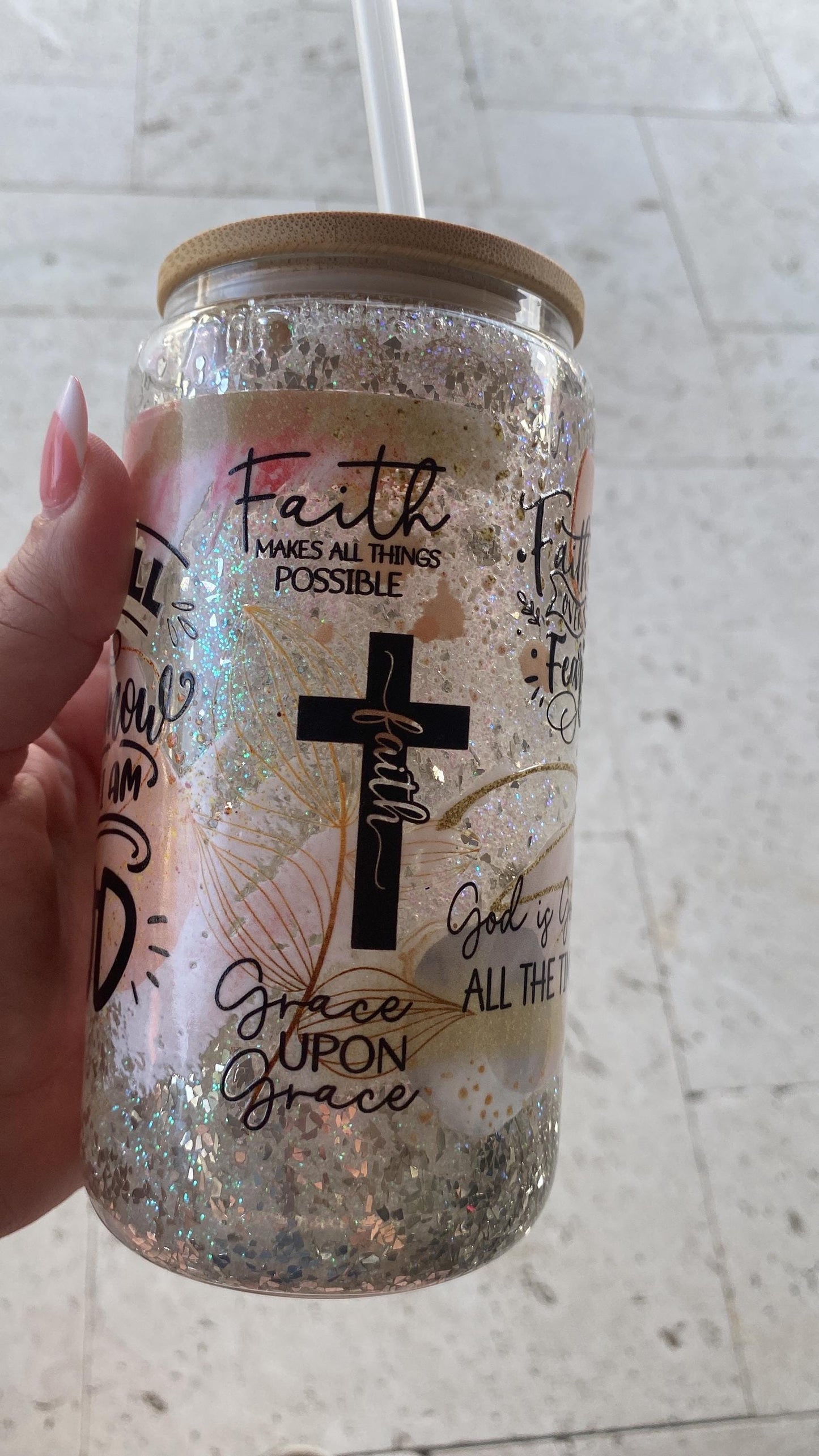 Be still and know. Bible inspire snow globe tumbler. 16 oz tumbler. glass cup