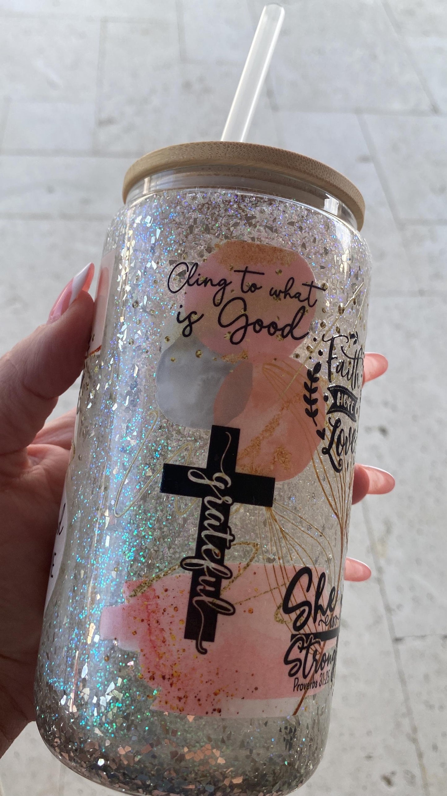 Be still and know. Bible inspire snow globe tumbler. 16 oz tumbler. glass cup