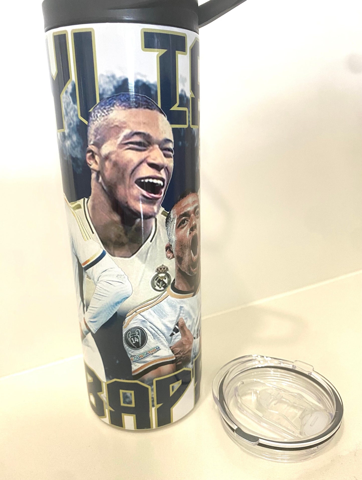 Mbappe tumbler and water bottles. Soccer water bottle. Real Madrid water bottle. 20 oz tumbler. soccer team