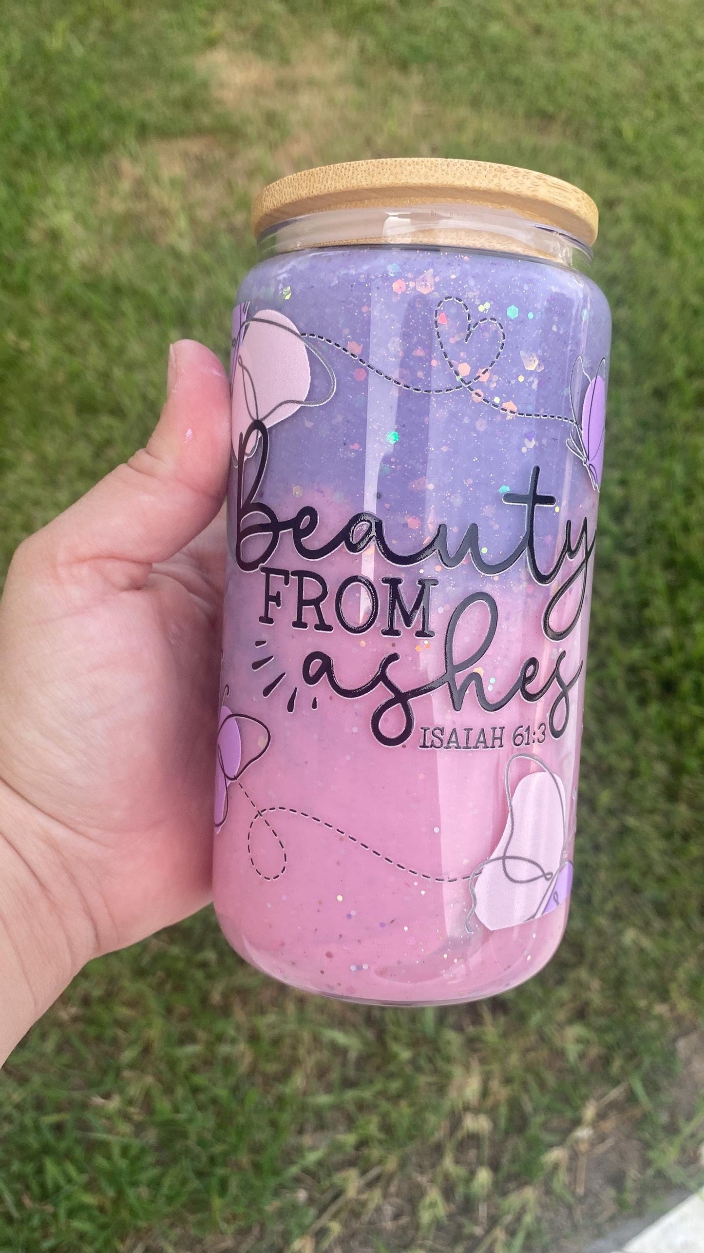 Beauty from ashes snow globe tumbler. 16 oz tumbler. Glass cup. Inspirational Bible snow globe. Christian cup. Bible inspire snow globe