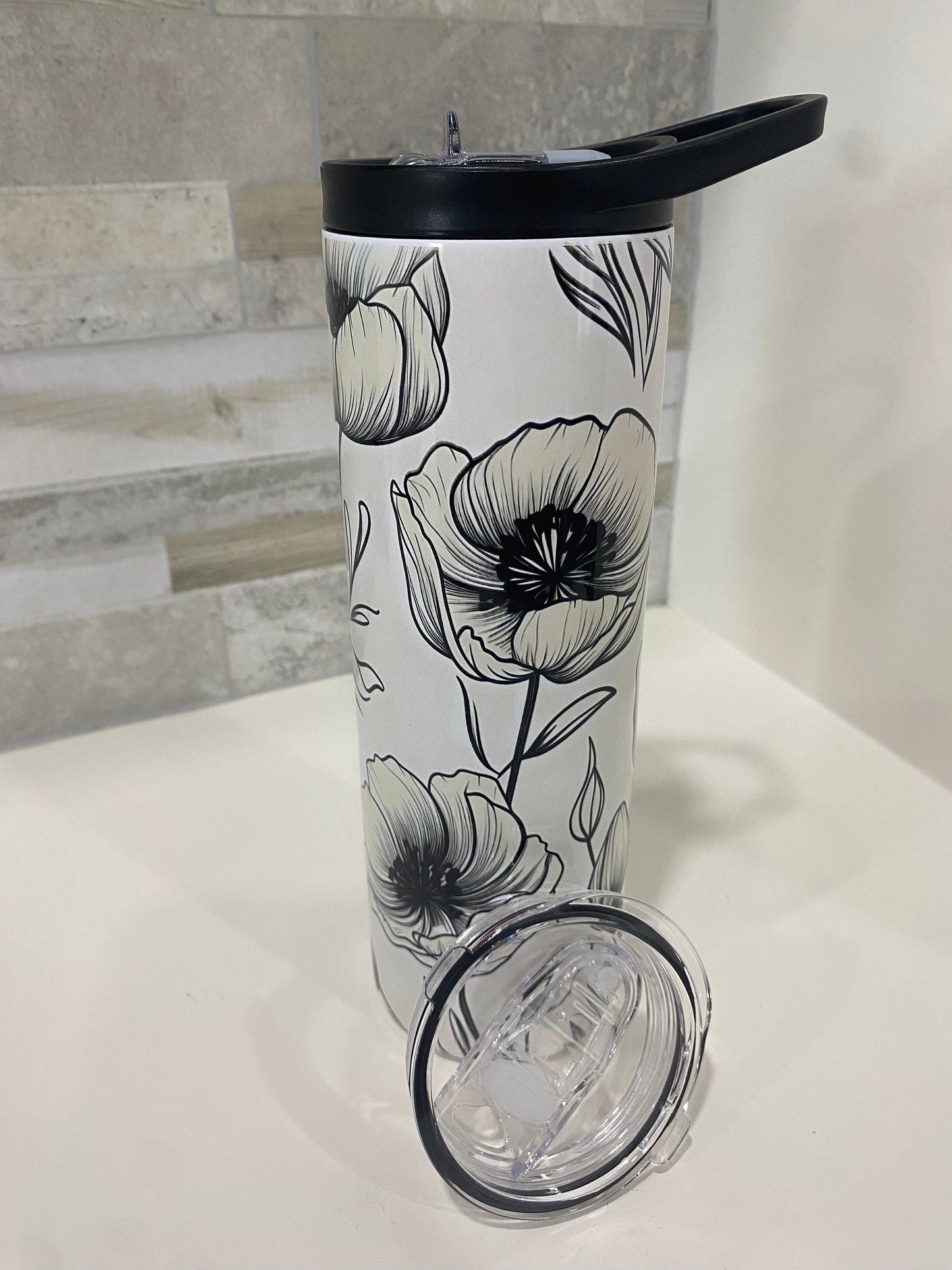 White and black water bottle and tumbler. 20 oz tumbler. Flower tumbler.