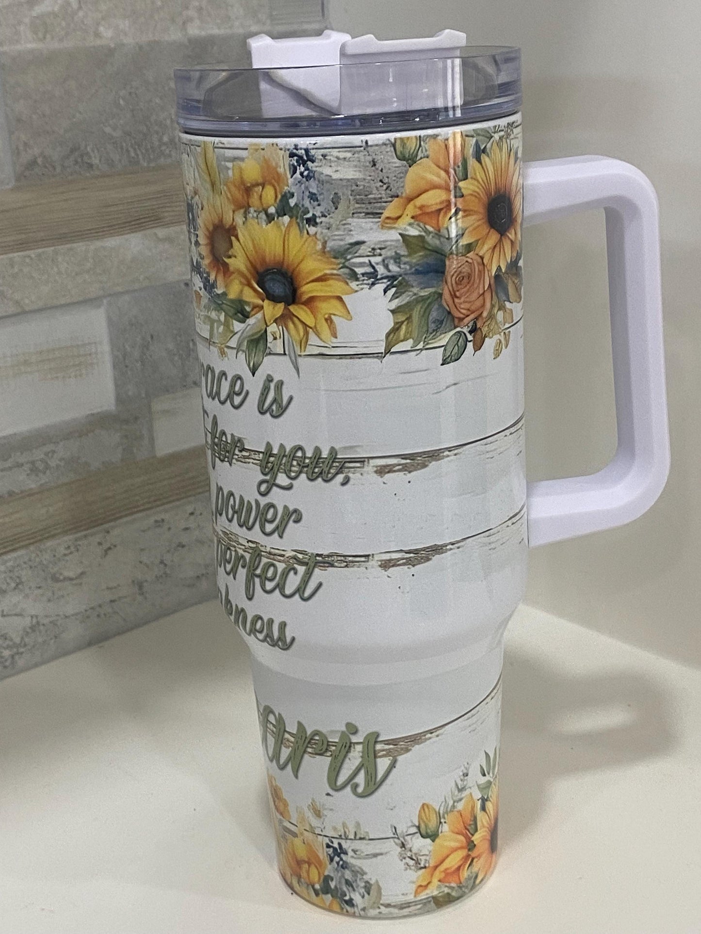Sunflower Christian tumbler with handle and straw. Personalized tumblers. 40oz tumbler