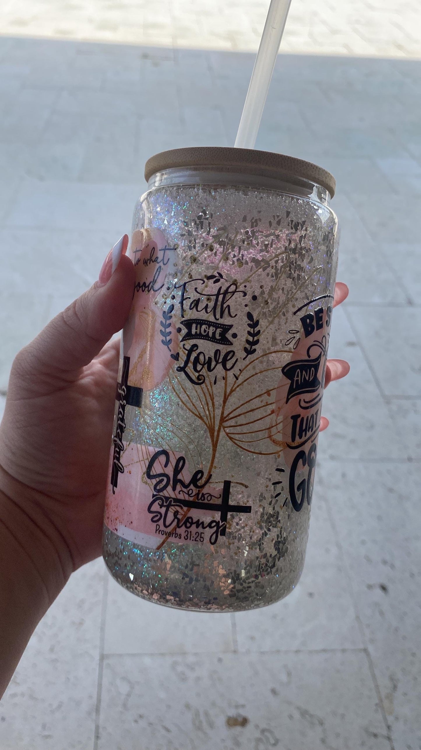 Be still and know. Bible inspire snow globe tumbler. 16 oz tumbler. glass cup