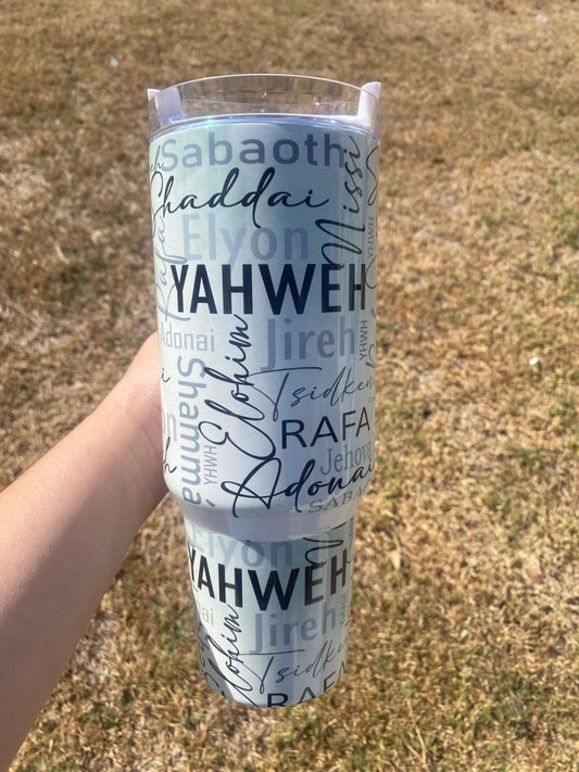 God's Names 40 oz tumbler with handle and straw. Yahweh. Christian tumbler