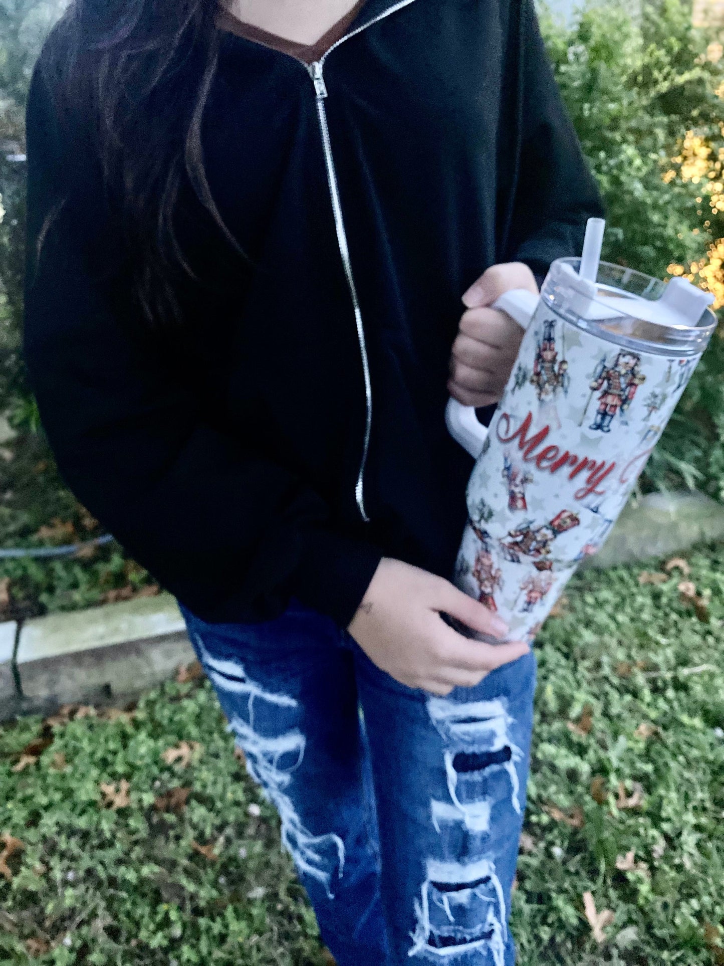 Christmas nutcracker tumbler with a handle and straw. Nutcracker tumbler