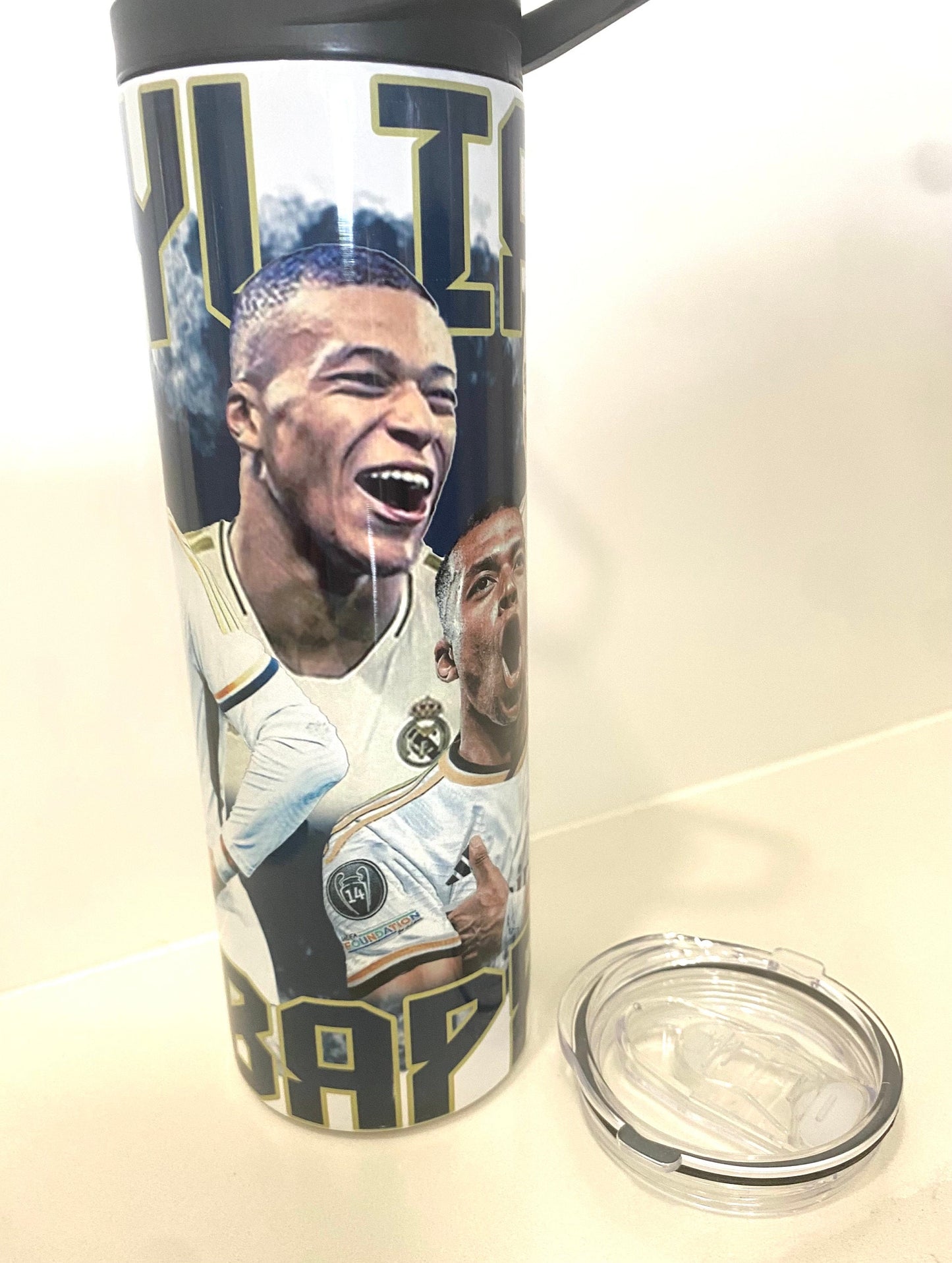 Mbappe tumbler and water bottles. Soccer water bottle. Real Madrid water bottle. 20 oz tumbler. soccer team