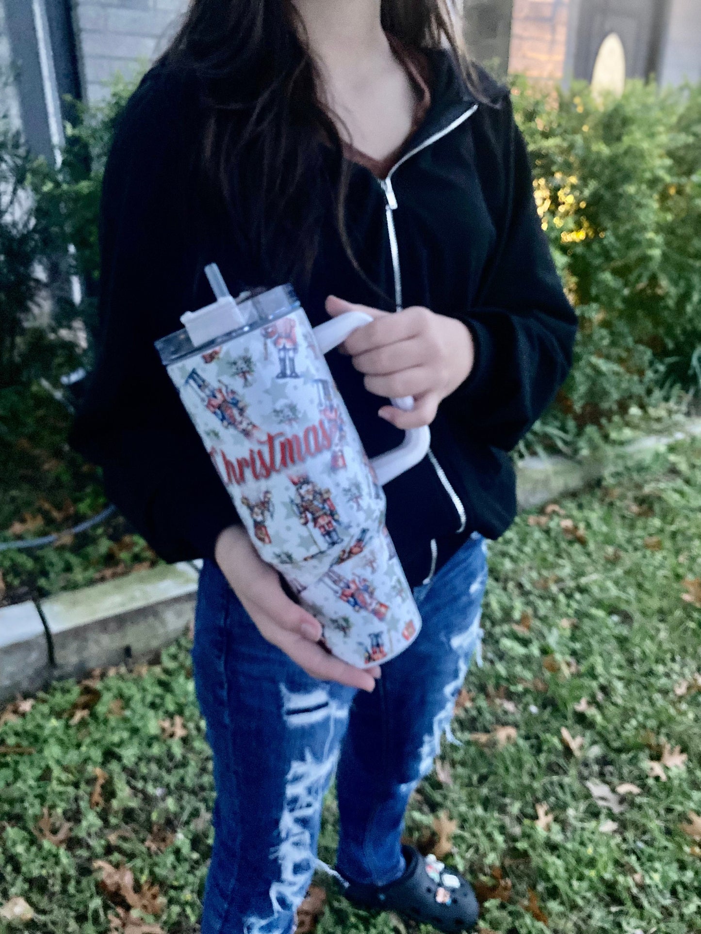 Christmas nutcracker tumbler with a handle and straw. Nutcracker tumbler